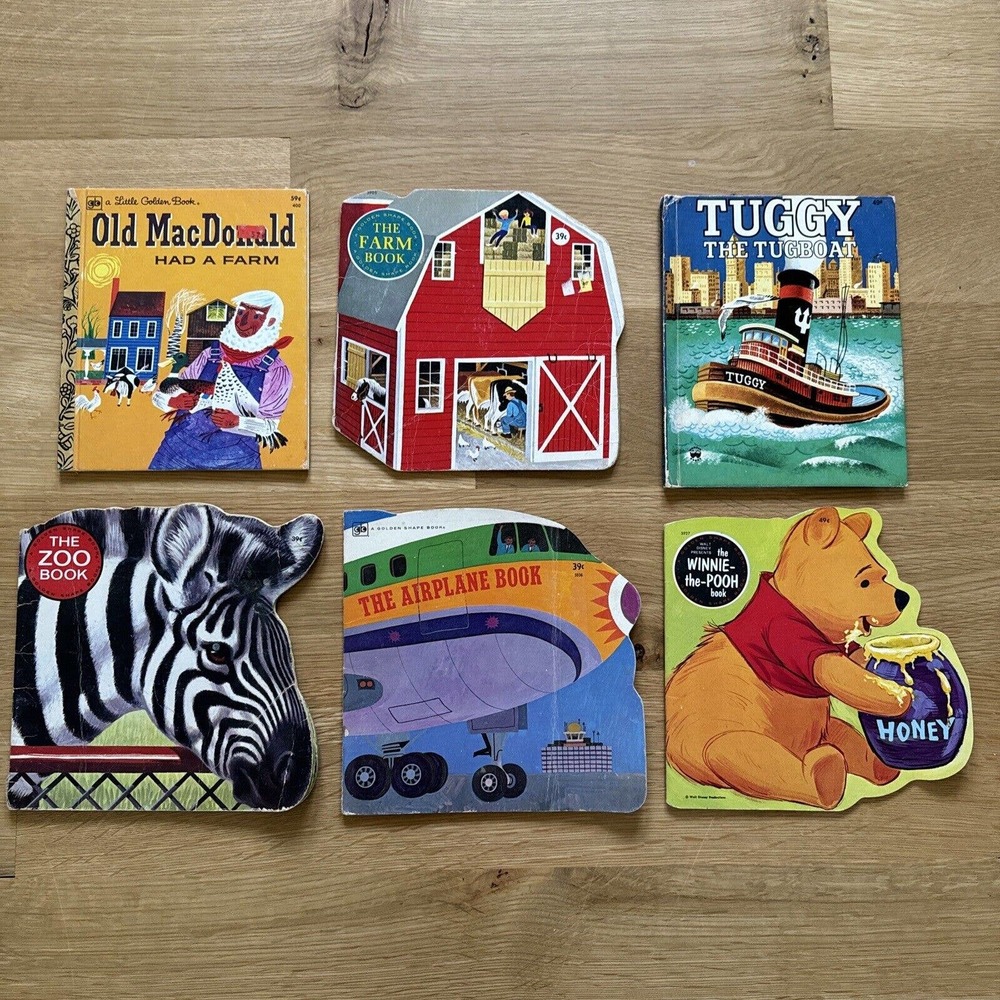 Vintage Golden Shape Books Farm Zoo Airplane Tuggy Tugboat Pooh Childrens Lot